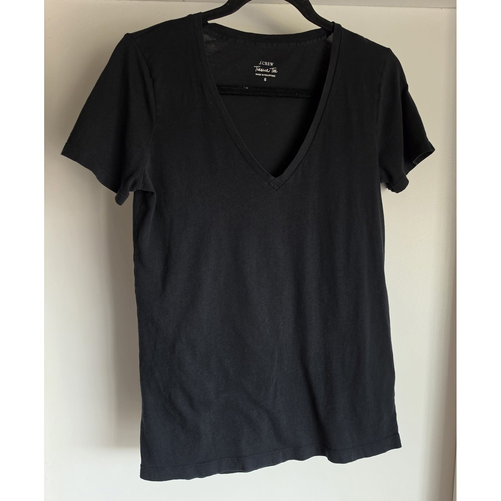 J.Crew Women's Cotton V-Neck T-Shirt Size S Black Solid Short Sleeve Tee Top